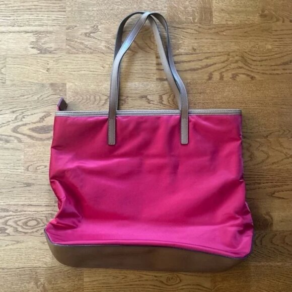 Michael Kors Kempton Red Nylon Brown Leather Tote Pocket Hand Shoulder Bag Zip - Picture 3 of 7